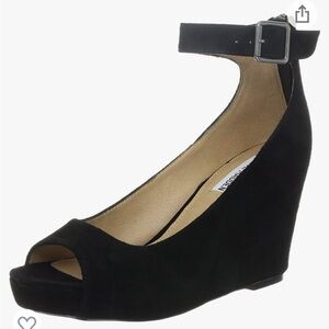 Steve Madden Lesliee Black Suede Ankle Strap Wedge Peep Toe Pump